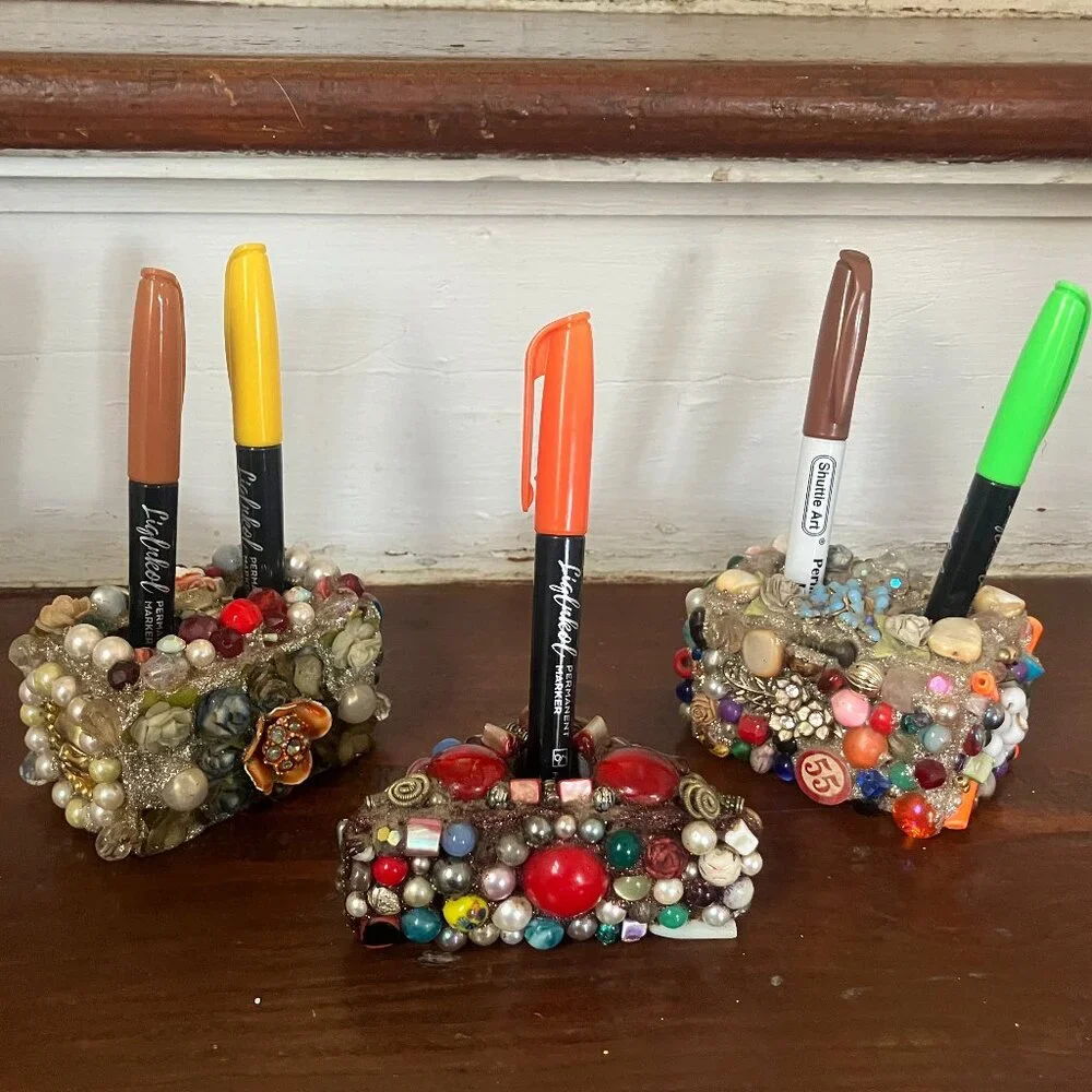 3 Handmade Pen/ Pencil/ Brush holders mosaic of beads, faux pearls, sparkles